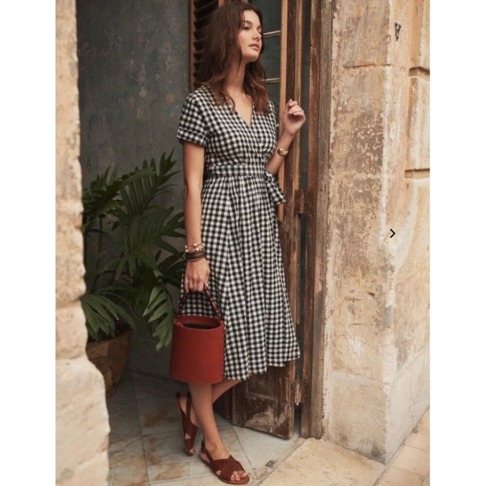NWT Sezane MARIELLE midi DRESS Black White cotton gingham plaid 36SZ4 bust34